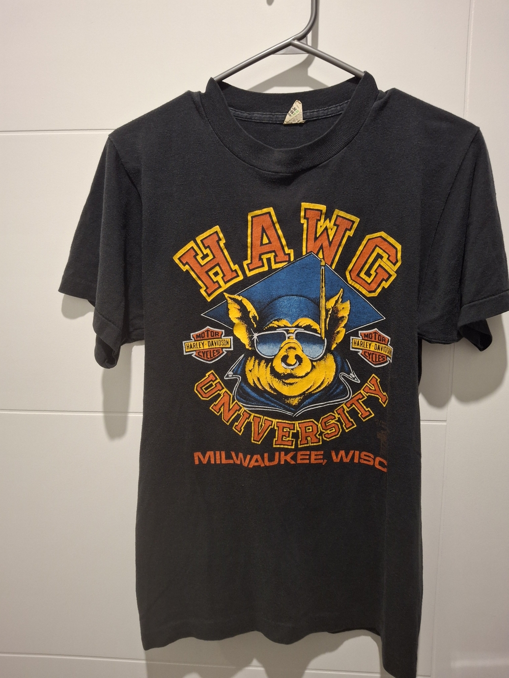 Harley-Davidson Black 'Hawg University' Graphic Tee with Yellow & Blue Design